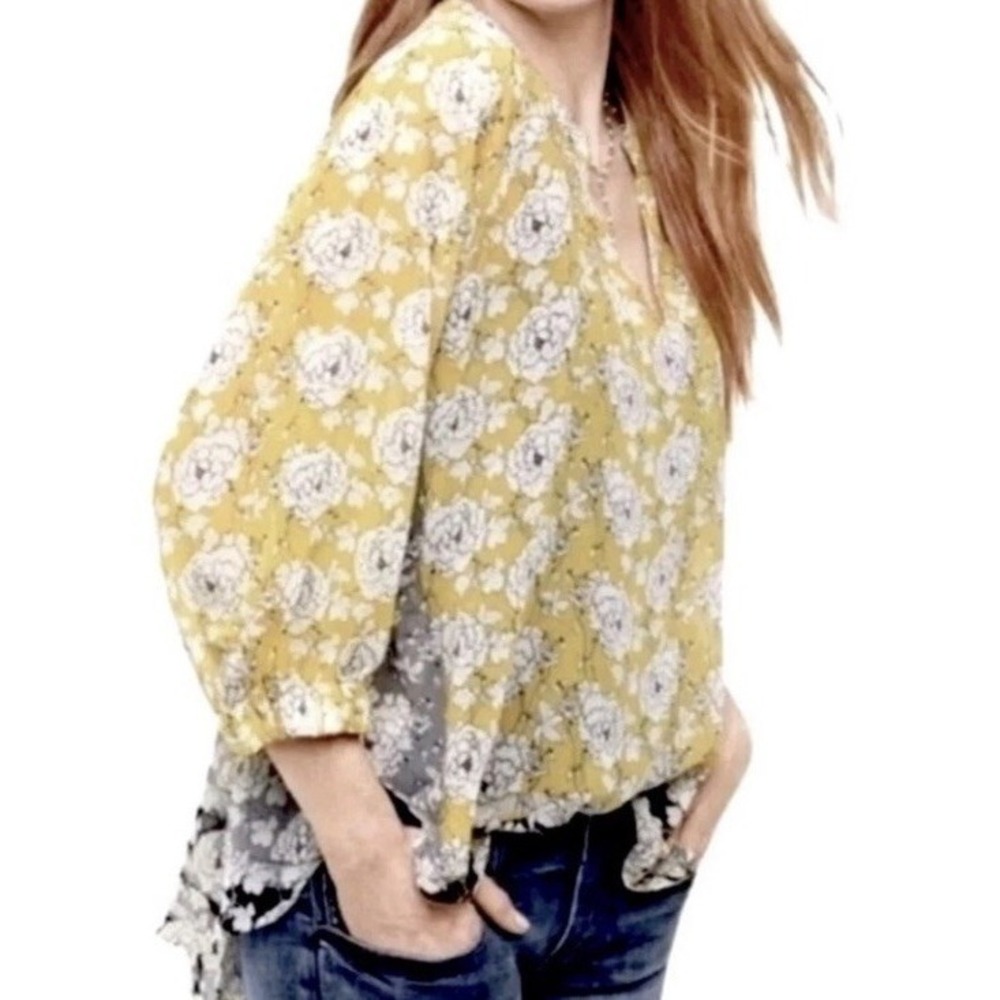 CAbi Amelia Gather Top Yellow Floral Sheer Peasant Blouse Style 5713 Sz L